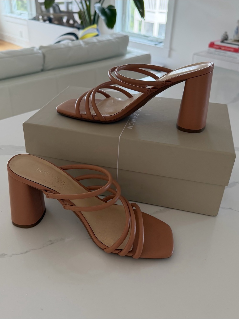 Nine West Tan Strappy Block Heel Mules